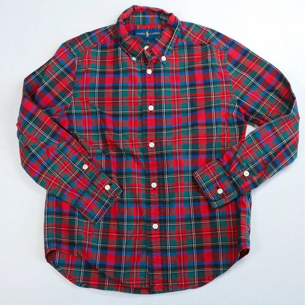 Ralph Lauren Tartan Plaid Button Down Shirt Kids Size 6 Red Blue Green LS Preppy
